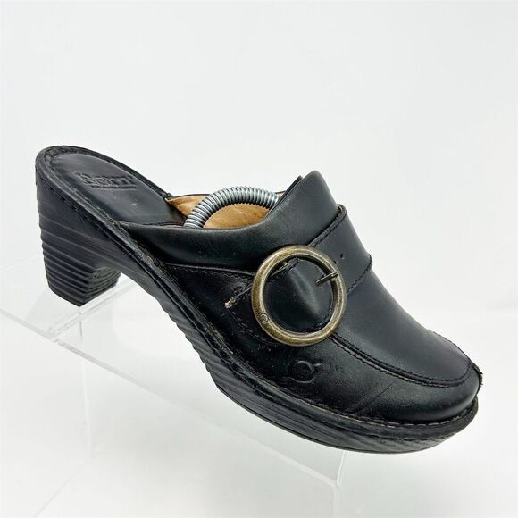 Born Women's Black Leather Slip On Mules Size 9 Buckle Accent Fall Comfort - Picture 1 of 13